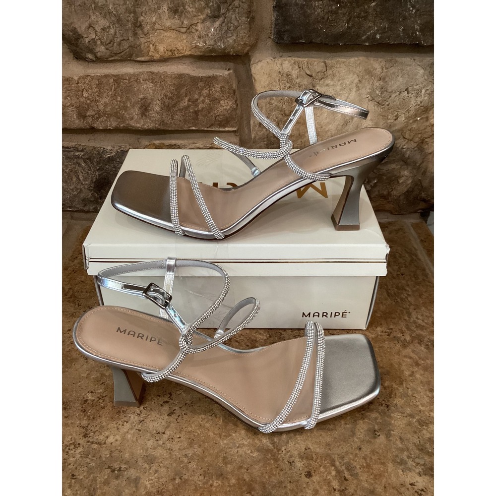 Maripe Nara Silver Metallic Rhinestone Strappy Square Toe Kitten Heel Sandals 11